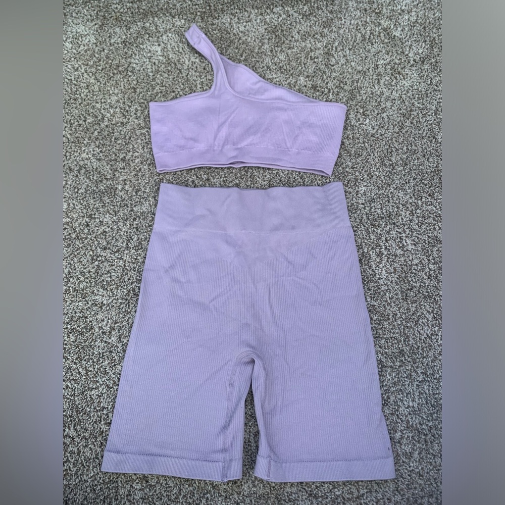 Seamless Lavender Ribbed One-Shoulder Active Set - Picture 3 of 4